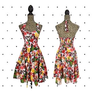 HELL BUNNY "Dia De las Muertos" halter dress with full skirt SIZE L